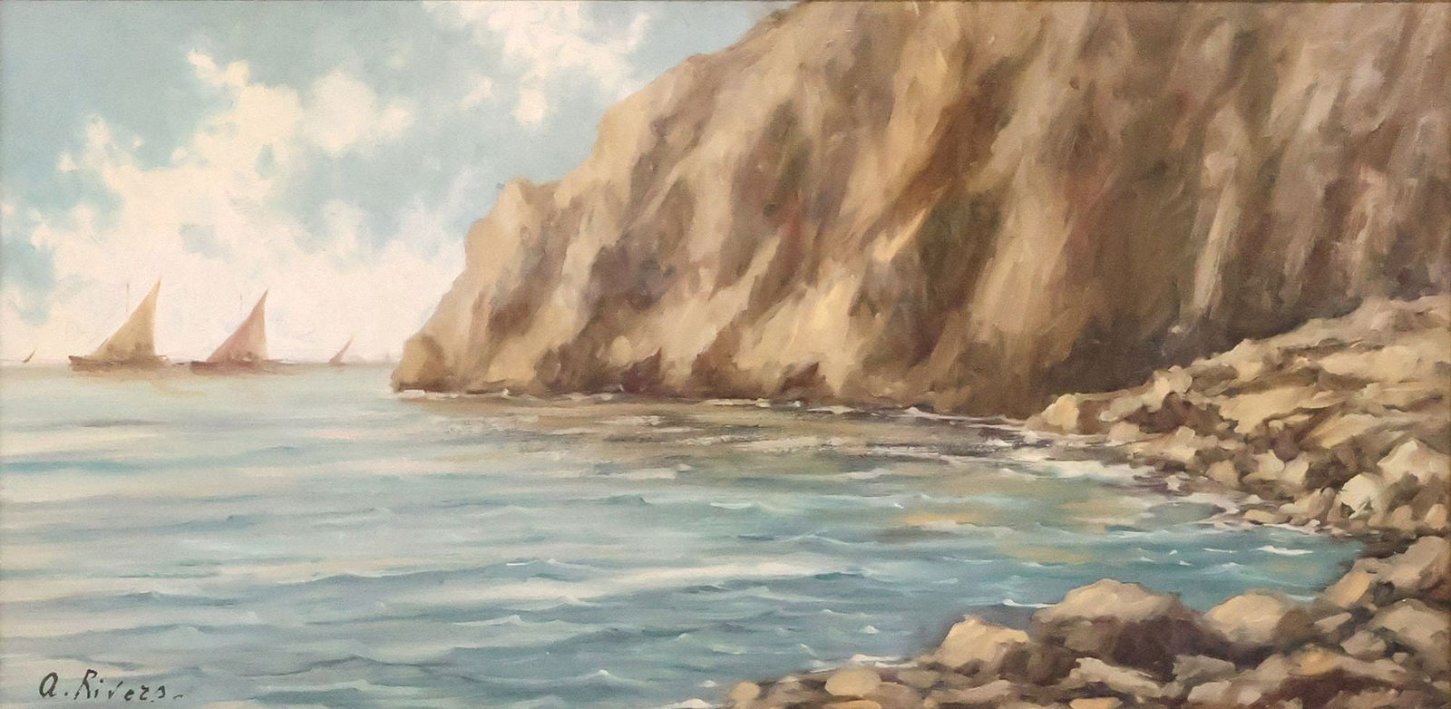ARTUR RIVERS (20TH C.) ITALIAN SCHOOL PAINTING, ROCKY COASTLINE SEASCAPE: Framed oil on panel painting, Seascape with Rocky Shoreline, signed lower left A. Rivers (Artur Rivers, Italian, 20th c.), retaining printed artist's biography verso, sight: approx 11.25"h, 23"w, over