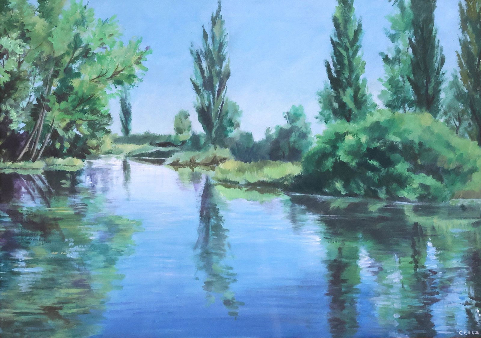 SIGNED CELLA ITALIAN SCHOOL PAINTING, IMPRESSIONIST LAKE LANDSCAPE: Framed Italian School oil on canvas painting, Lakeside Landscape, signed lower right Cella (20th c.), sight: approx 19.25"h, 27.5"w, overall: approx 26 3/8"h, 34.25"w, 12lbs