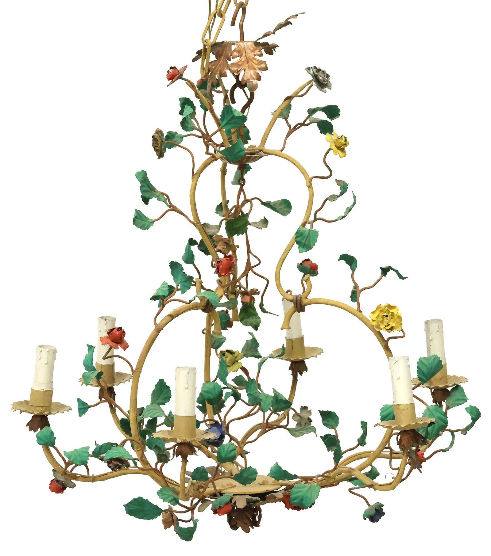 ITALIAN PAINTED TOLE 6-LIGHT ROSE GARDEN CHANDELIER: Italian tole peinte six-light chandelier, 20th c., having scrolled frame with foliate vinery appendages and polychrome roses, issuing branch-form arms, terminating at faux candlestick on jagged bobech