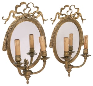 (2) LOUIS XVI STYLE GILT-METAL 2-LIGHT MIRRORED WALL SCONCES