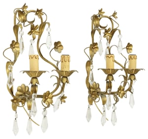 (2) ITALIAN GILT-METAL & CRYSTAL SWAG 2-LIGHT WALL SCONCES
