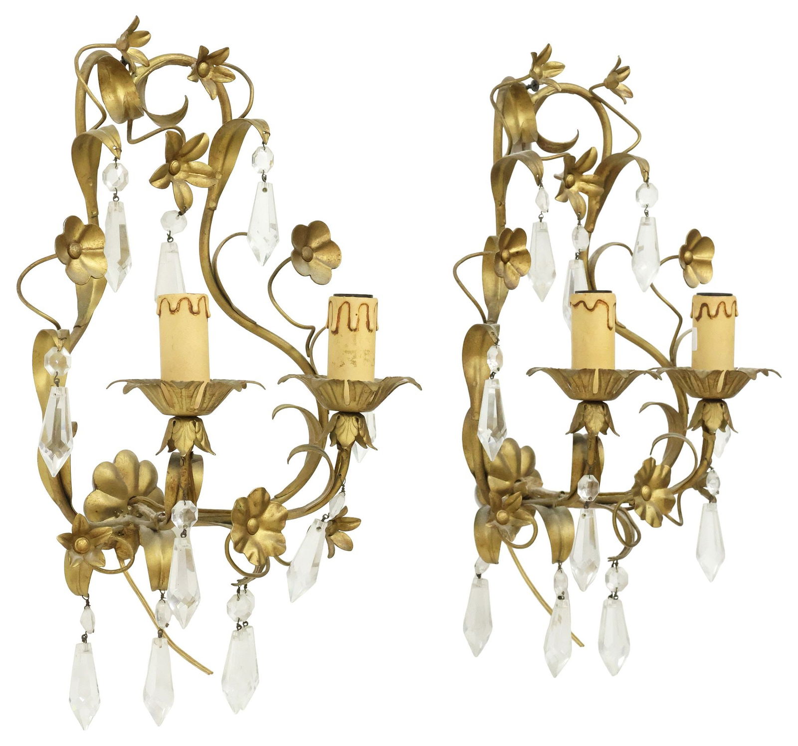 (2) ITALIAN GILT-METAL & CRYSTAL SWAG 2-LIGHT WALL SCONCES: (pair) Italian gilt-metal and crystal wall sconces, 20th c., each having scrolling frame, issuing flowers and leaves, two arms terminating on faux candlesticks, hung with faceted crystal drops, in