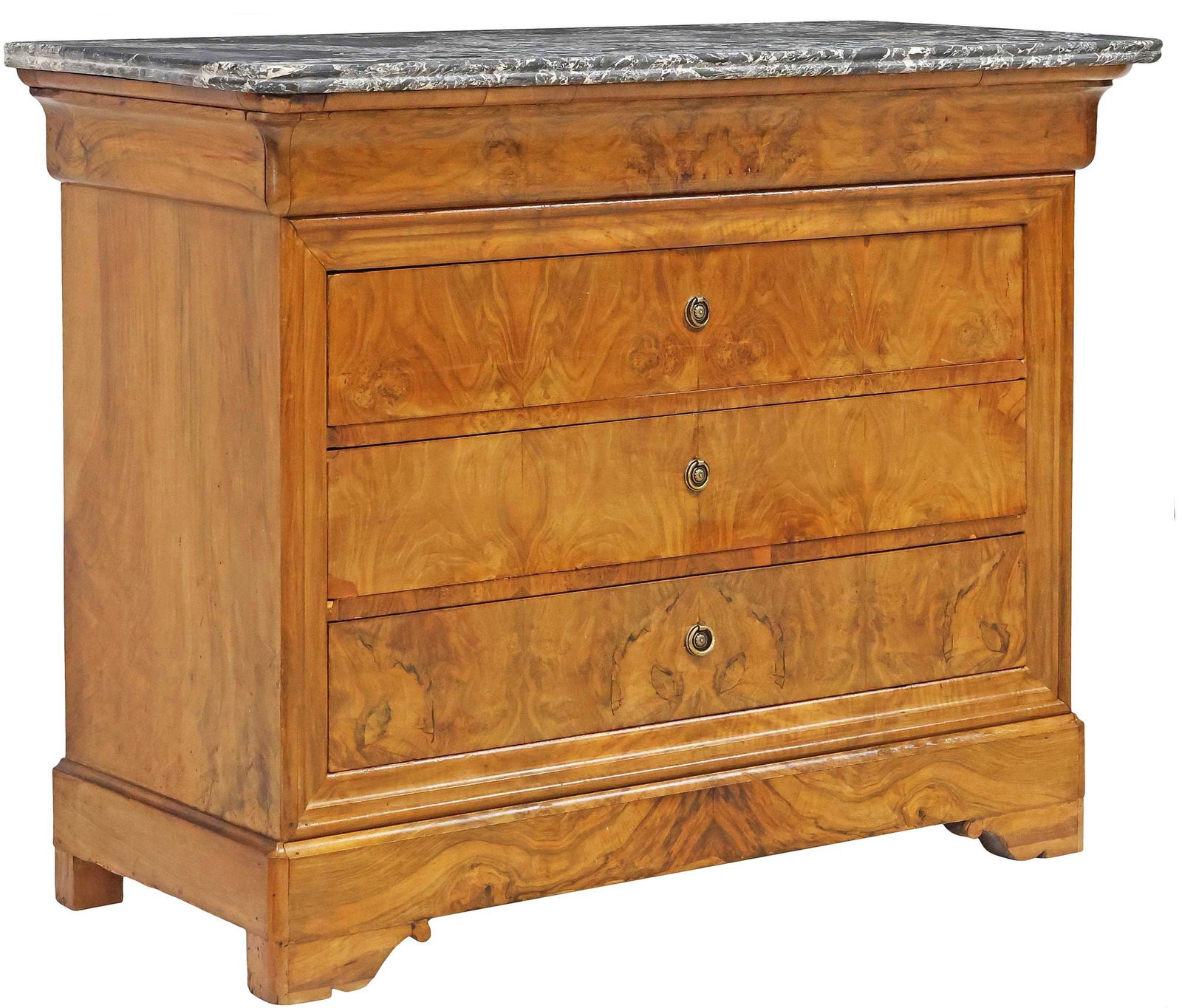 FRENCH LOUIS PHILIPPE MARBLE-TOP BURLED WALNUT COMMODE: French Louis Philippe period figured walnut commode, mid 19th c., having marble top, above frieze drawer and three standard drawers, on bracket feet, approx 39"h, 49"w, 23"d
