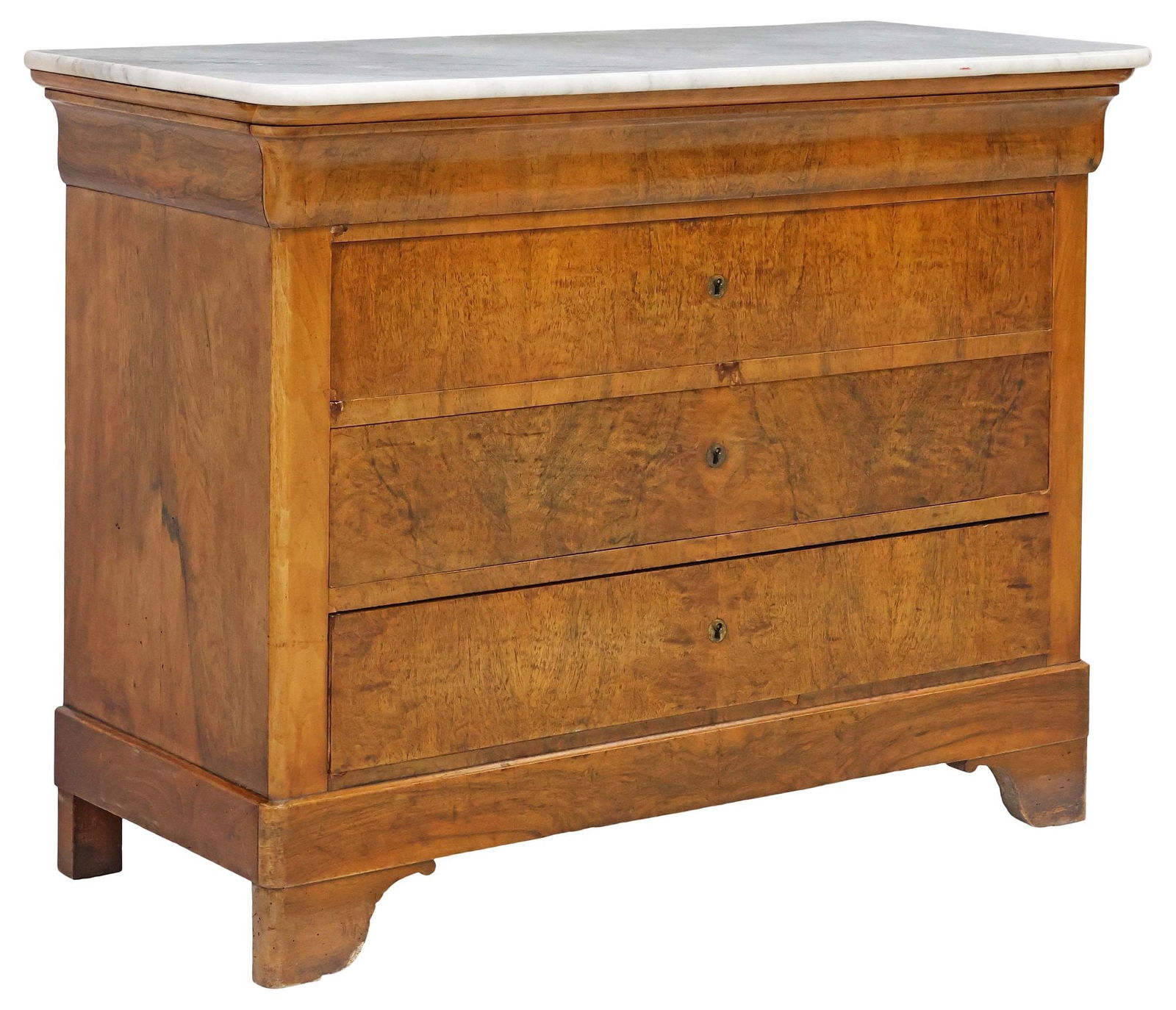 FRENCH LOUIS PHILIPPE PERIOD MARBLE-TOP WALNUT COMMODE: French Louis Philippe period walnut commode, mid 19th c., having marble top, above frieze drawer and three standard drawers, rising on bracket feet, approx 35.5"h, 46.5"w, 20.5"d