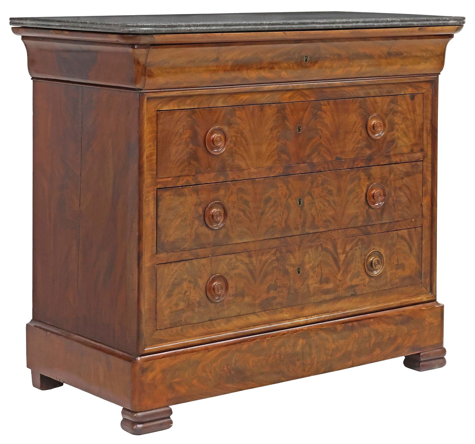 FRENCH LOUIS PHILIPPE MARBLE-TOP BURLED MAHOGANY COMMODE: French Louis Philippe period figured mahogany commode, mid 19th c., having marble top, above upper and lower frieze drawer, flanking three standard drawers, on block feet, stable splits with fill