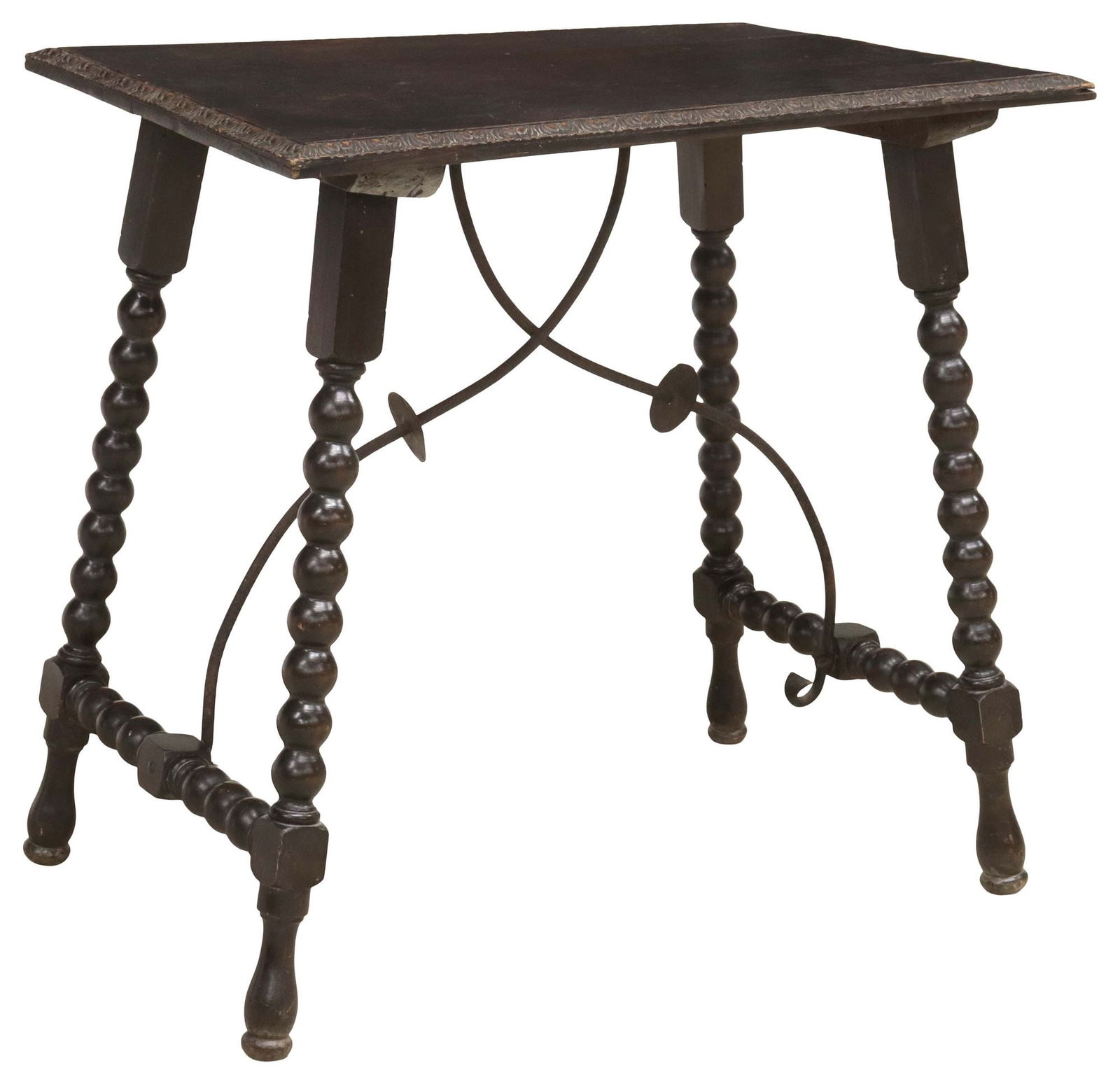 SPANISH BAROQUE STYLE WALNUT & WROUGHT IRON TRESTLE SIDE TABLE: Spanish baroque style walnut trestle side table, late 19th c., rectangular top with molded edge, rising on bobbin-turned trestle supports, joined by scrolled wrought iron cross stretchers, approx