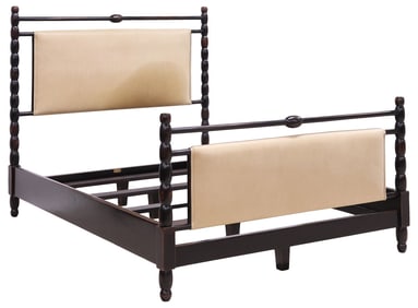 AESTHETIC DECOR 'BOBBIN' LEATHER-UPHOLSTERED & EBONIZED QUEEN SIZE BED