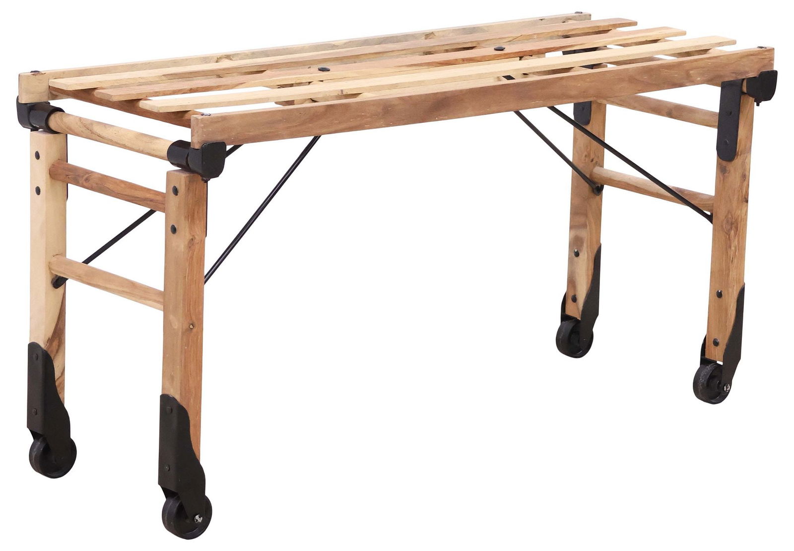 RUSTIC FOLDING WASH TUB STAND / SLATTED BENCH ON CASTERS: Rustic wood folding bench/ wash tub stand, in the manner of Beatty Brothers Limited, late 20th c., slatted top, over dowel-joined legs, with metal accents in a black-painted finish, ending on