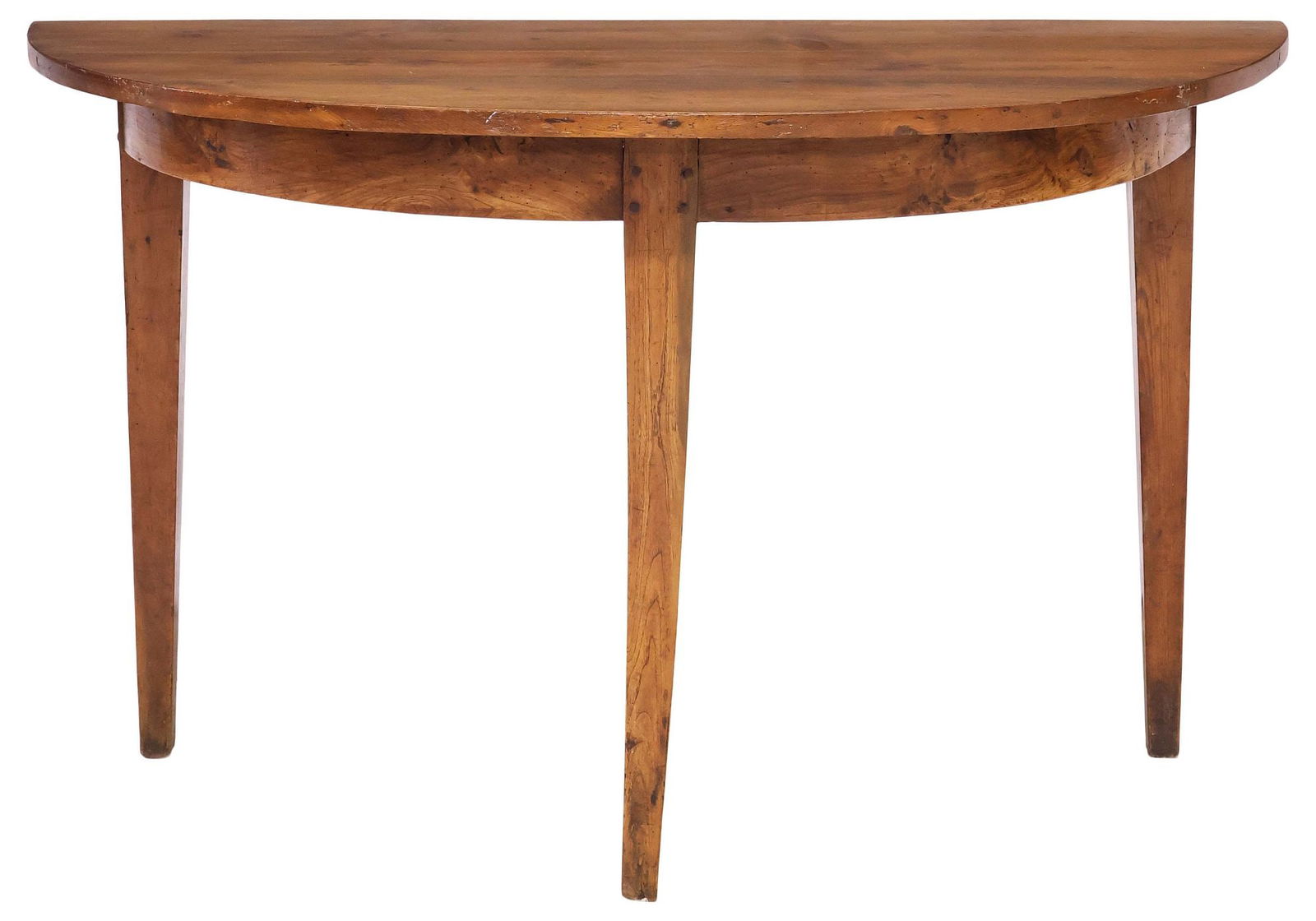 RUSTIC MIXED WOOD DEMILUNE CONSOLE TABLE, 19TH C.: Rustic mixed wood console table, 19th c., having demilune top, over conforming apron, rising on three tapered square legs, approx 28 1/8"h, 48"w, 22.5"d **Provenance: the Stanley Family's fine Tarryto