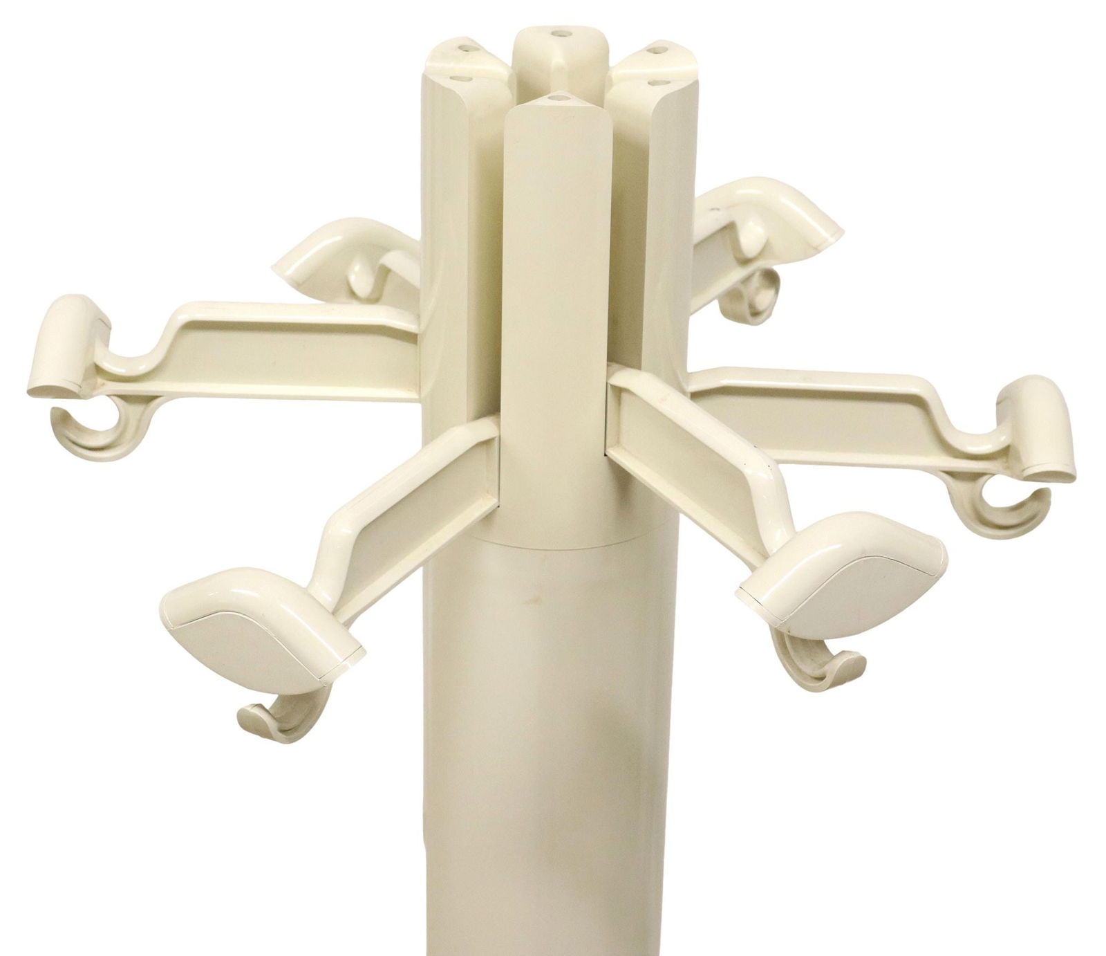 GIANCARLO PIRETTI FOR ANONIMA CASTELLI 'PLANTA' COAT RACK: Italian modern plastic "Planta" hall tree, Giancarlo Piretti (Italian, b.1940) for Anonima Castelli, c.1970s, six folding coat hooks, two umbrella holders, approx 67"h, 15"diam