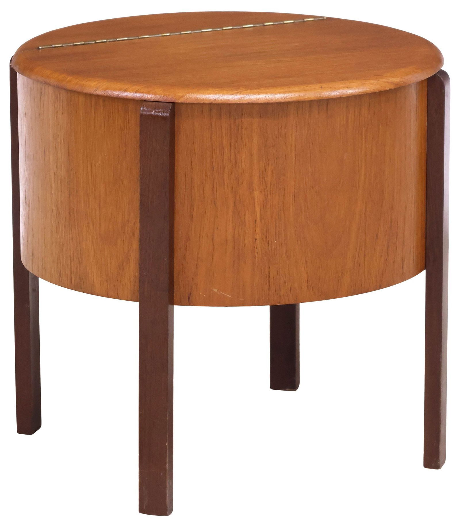 DANISH MID-CENTURY MODERN TEAK STANDING LIFT-TOP SEWING / WORK BOX: Danish mid-century modern teak standing work or sewing box, c.1960s, of circular drum form, hinged top revealing open interior, fitted with floating divided tray, rising on straight legs, approx