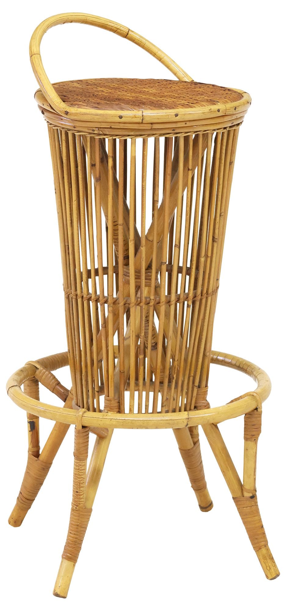 ITALIAN MID-CENTURY BAMBOO & RATTAN BAR STOOL: Italian bamboo and rattan counter-height bar stool, c.1950s, having woven circular seat with arched backrest, spindled tapering frame, with ring-shaped footrest, approx 34"h, 19.75"w,