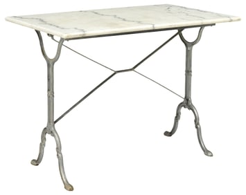FRENCH MARBLE-TOP SILVERED CAST IRON BISTRO TABLE