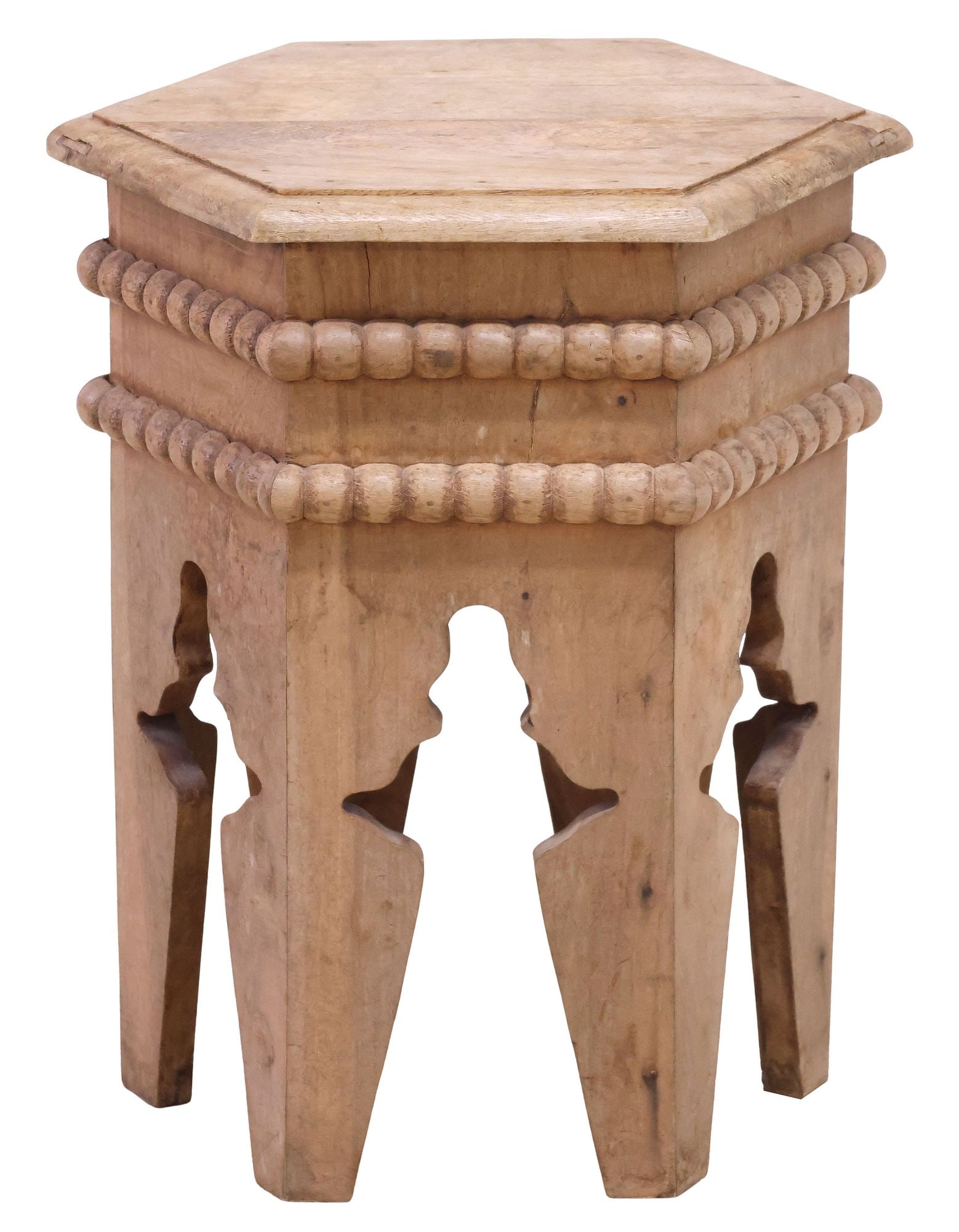 MOROCCAN STYLE HEXAGONAL CARVED WOOD ACCENT TABLE: Moroccan style side table, 20th c., having hexagonal top, over conforming body, with carved beaded trim, on arcaded supports, approx 18.25"h, 15"w, 13"d **Provenance: the Stanley Family's fine
