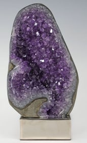 GEOLOGICAL AMETHYST SPECIMEN ON POLISHED NICKEL BASE