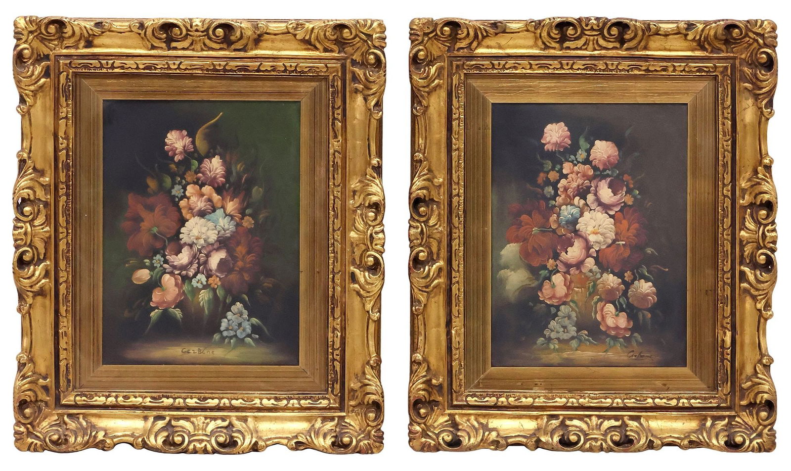 (2) SIGNED CERBONE ITALIAN SCHOOL OIL PAINTINGS, STILL LIFE WITH FLOWERS: (pair) Framed Italian School oil on canvas paintings, Still Life with Vase of Flowers, each signed Cerbone (20th c.), (one) retaining Amici del Quadro Centro d'Arte gallery label verso, each sight: ap