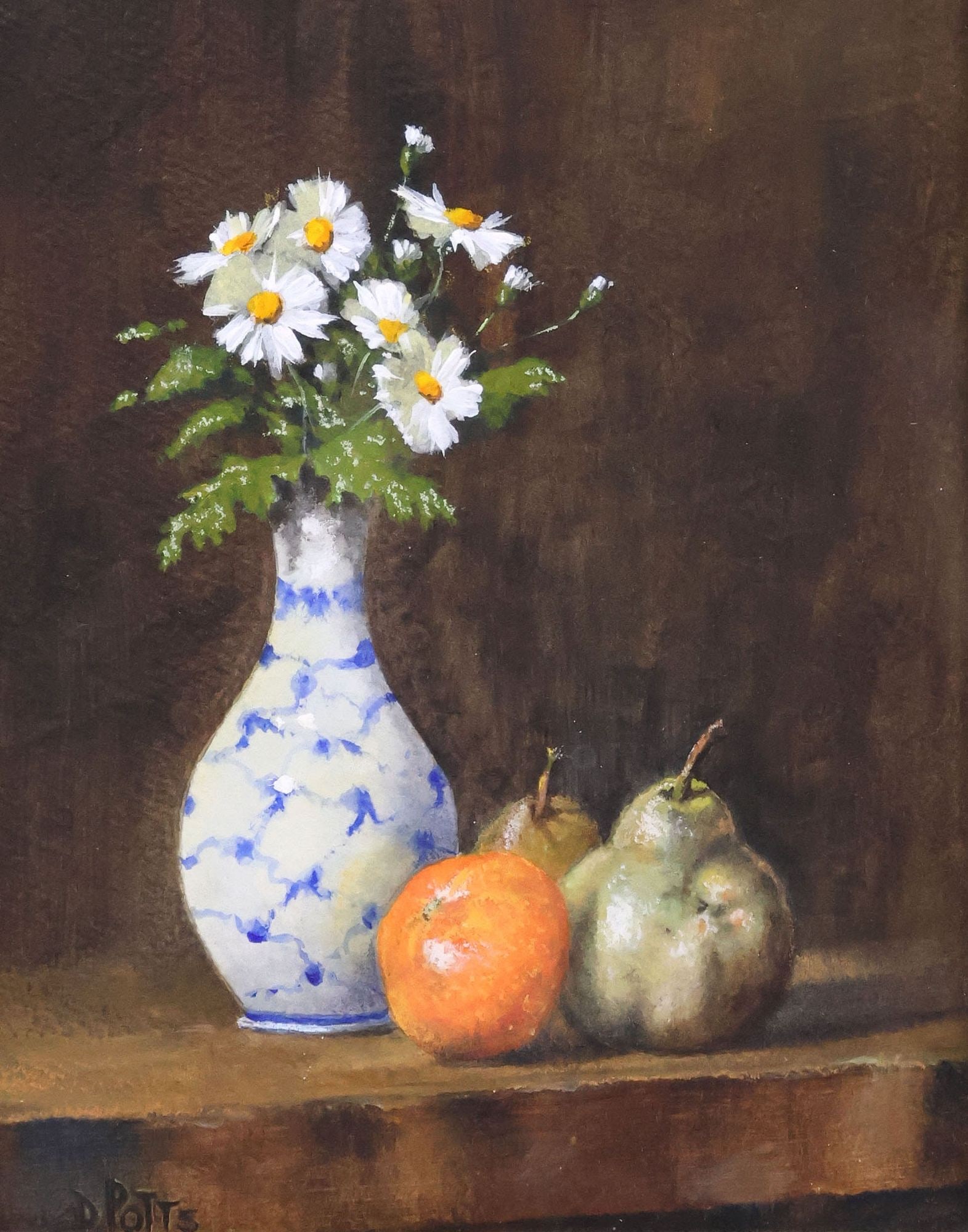 DAVID POTTS (20TH C.) GOUACHE PAINTING, STILL LIFE WITH FRUIT & FLOWERS: Framed gouache painting on paper, Still Life with Fruit and Vase of Flowers, signed lower left D. Potts (David Potts, English, 20th c.), retaining artist's label verso, sight: approx 9.5"h, 7.5"w, ove