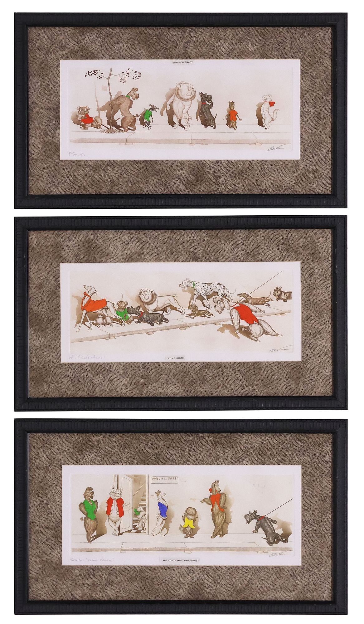 (3) SIGNED BORIS O'KLEIN (1887-1983) 'DIRTY DOGS OF PARIS' SATIRICAL ETCHINGS: (lot of 3) Framed hand-tinted etchings on paper, all pencil-signed lower right O'Klein (Boris O'Klein, Russia, France, 1887-1983), titled lower left, from the "Dirty Dogs of Paris" series, copyright C