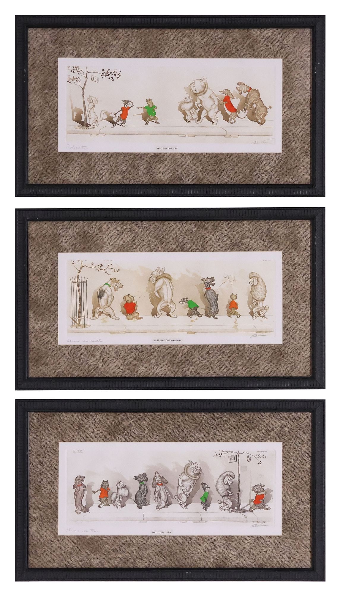(3) SIGNED BORIS O'KLEIN (1887-1983) 'DIRTY DOGS OF PARIS' SATIRICAL ETCHINGS: (lot of 3) Framed hand-tinted etchings on paper, all pencil-signed lower right O'Klein (Boris O'Klein, Russia, France, 1887-1983), titled lower left, from the "Dirty Dogs of Paris" series, copyright C