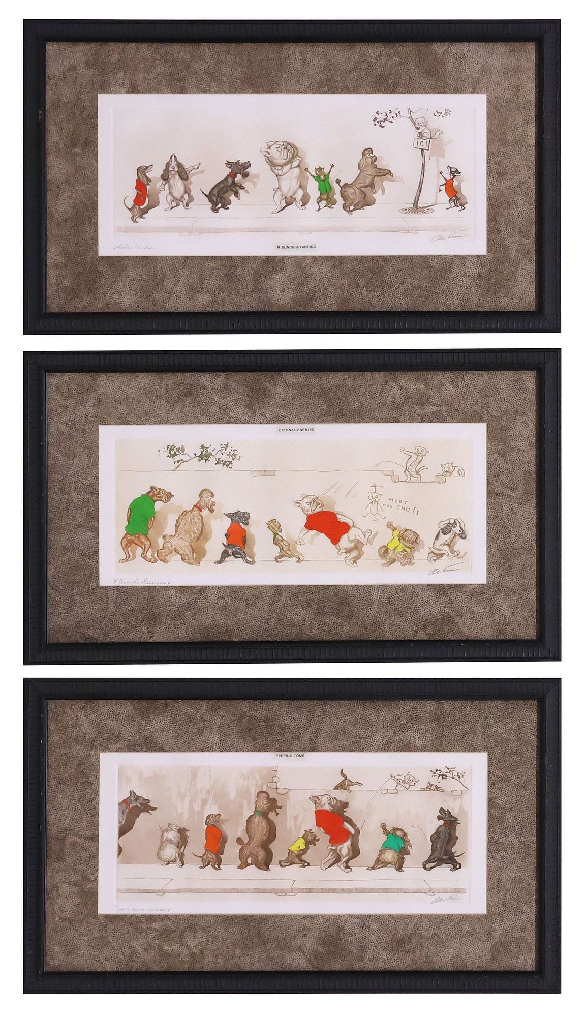 (3) SIGNED BORIS O'KLEIN (1887-1983) 'DIRTY DOGS OF PARIS' SATIRICAL ETCHINGS: (lot of 3) Framed hand-tinted etchings on paper, all pencil-signed lower right O'Klein (Boris O'Klein, Russia, France, 1887-1983), titled lower left, from the "Dirty Dogs of Paris" series, copyright C