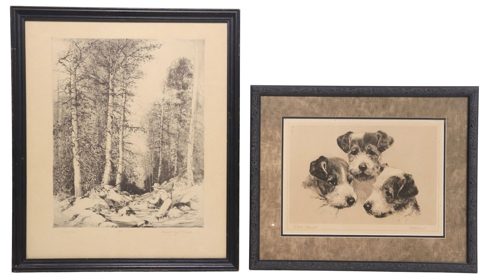 (2) PRINTS AFTER MILDRED BRYANT BROOKS & KURT MEYER-EBERHARDT: (lot of 2) Framed offset prints on paper, each with framer's label verso, including: (1) "Three Rascals," after Curt (Kurt) Meyer-Eberhardt (German, 1895-1977), signed in print lower right, titled low