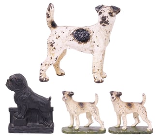 (4) AFTER HUBLEY PAINTED CAST IRON FOX TERRIER DOORSTOP & DOG-FORM BOOKENDS