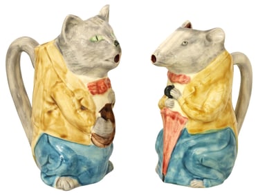 (2) FRENCH POET LAVAL FAIENCE FIGURAL CAT & RAT ANIMAL-FORM PITCHERS