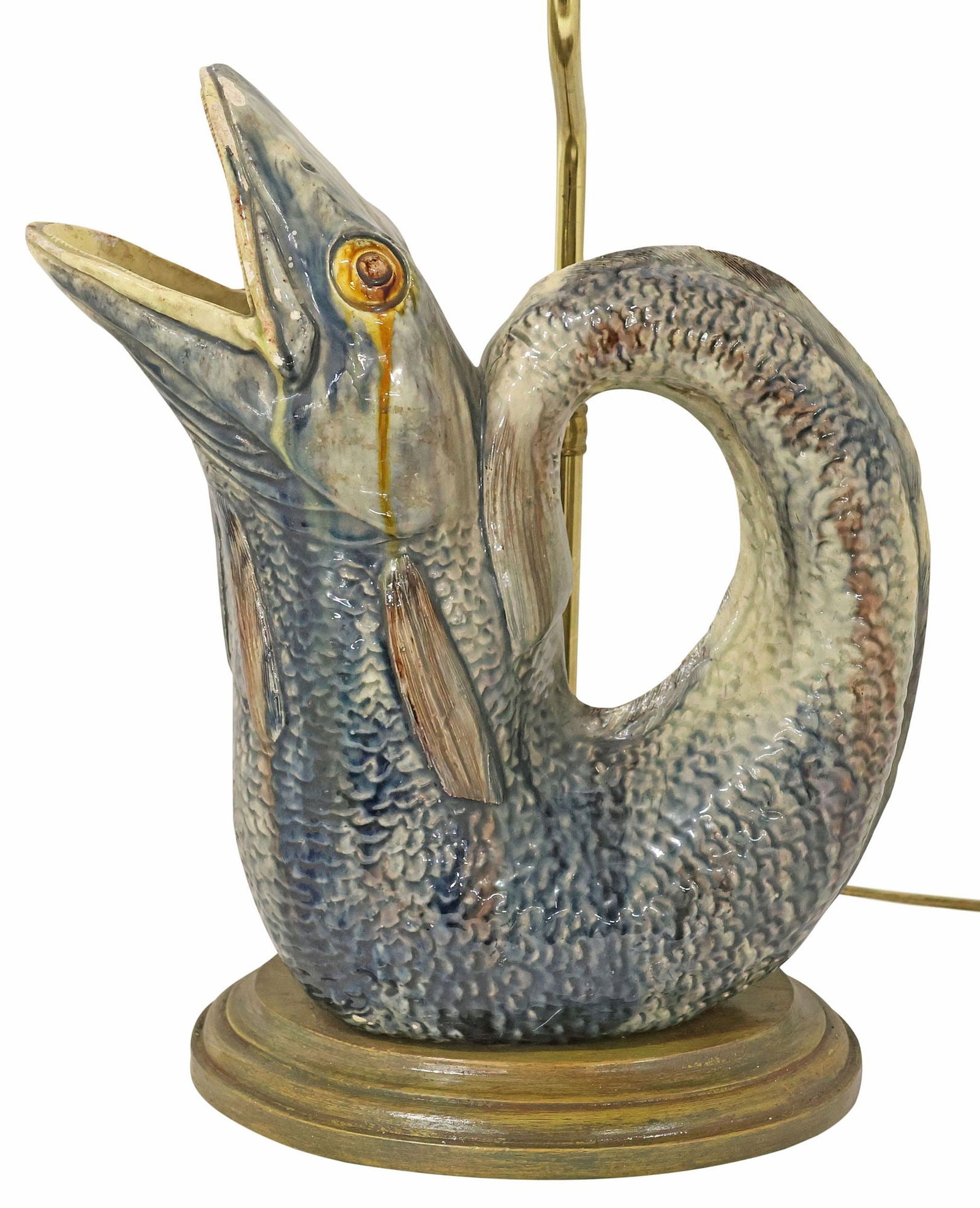 ENGLISH MAJOLICA GURGLING FISH PITCHER FASHIONED AS 1-LIGHT TABLE LAMP (1 of 6)