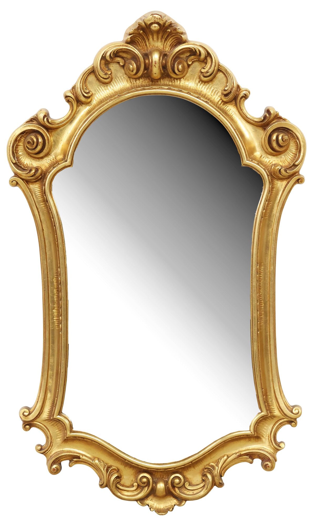 ITALIAN ROCOCO STYLE GILTWOOD BEVELED WALL MIRROR: Italian Rococo style giltwood wall mirror, 20th c., having fanned rocaille crest, above shaped frame, encasing beveled mirror plate, approx 43.5"h, 23.5"w, 20lbs