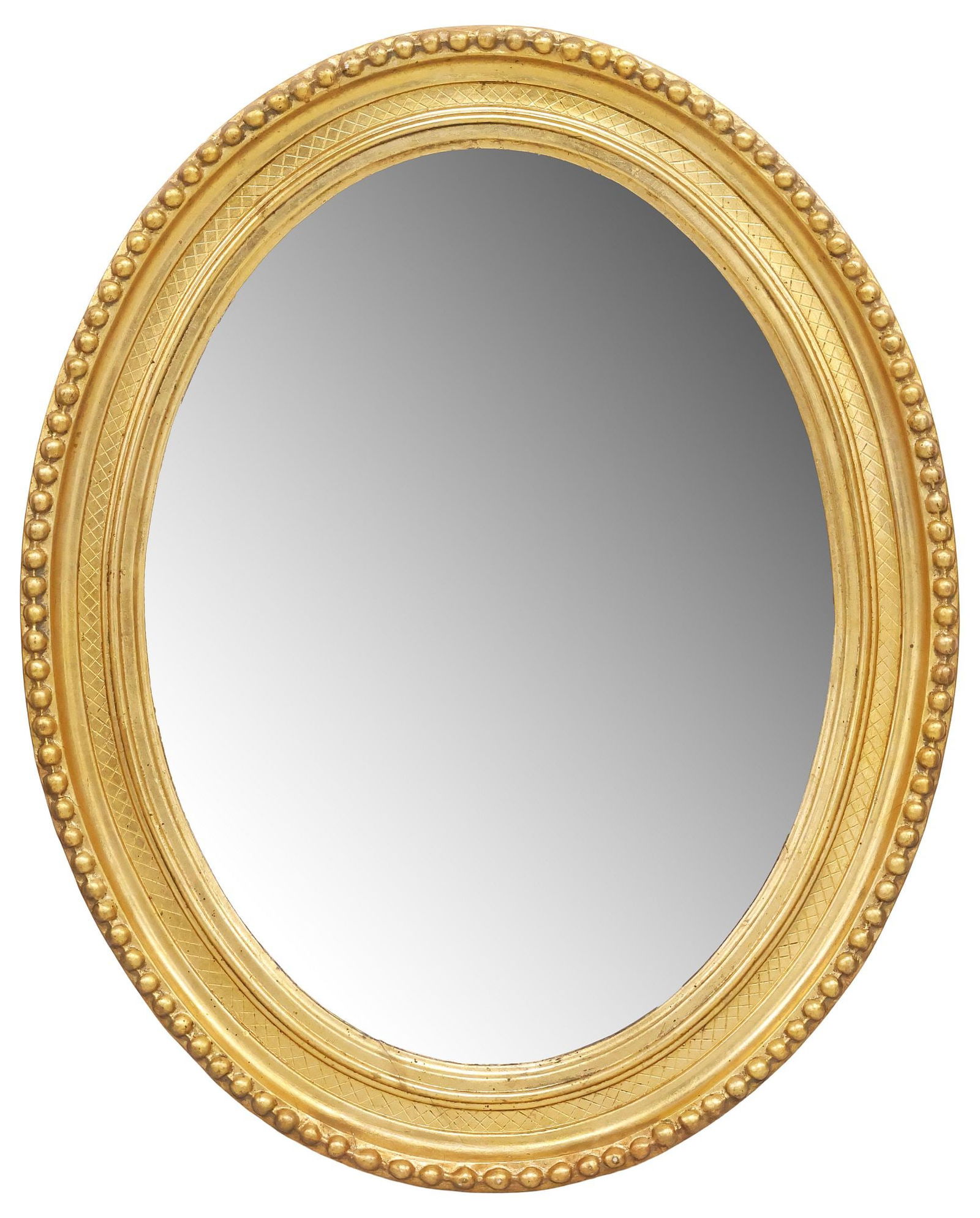 LOUIS XVI STYLE OVAL GILTWOOD WALL MIRROR, 25" X 20": Louis XVI style giltwood wall mirror, 20th c., molded oval frame, with incised crosshatched pattern and beaded trim, encasing flat mirror plate, approx 25"h, 20"w, 7.75lbs