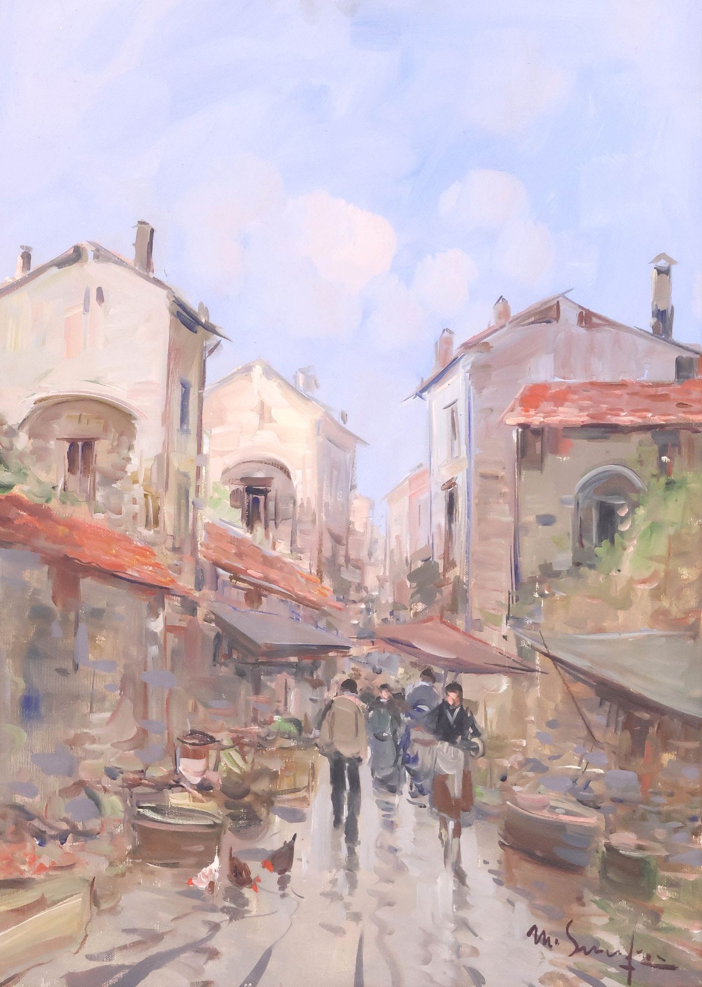 MARIO SMERAGLIA (B.1950) PAINTING, IMPRESSIONIST ITALIAN STREET SCENE: Framed oil on canvas painting, Coastal Italian Cityscape, signed lower right Mario Smeraglia (Italian, b.1950), titled illegibly with additional artist's signature verso, sight: approx 27"h, 19.5"w,