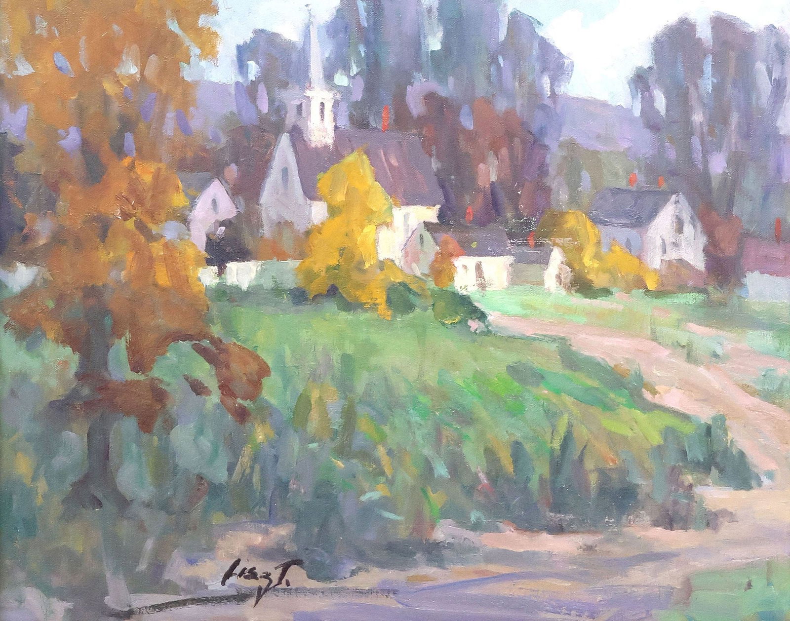 MARIA VERONICA LISZT (1902-1992) VERDANT LANDSCAPE OIL PAINTING: Framed oil on canvas painting, Church in a Wooded Landscape, signed lower left Liszt (Maria Veronica Liszt, Massachusetts, 1902-1992), artist biography affixed at canvas verso, sight: approx 15.5"h,