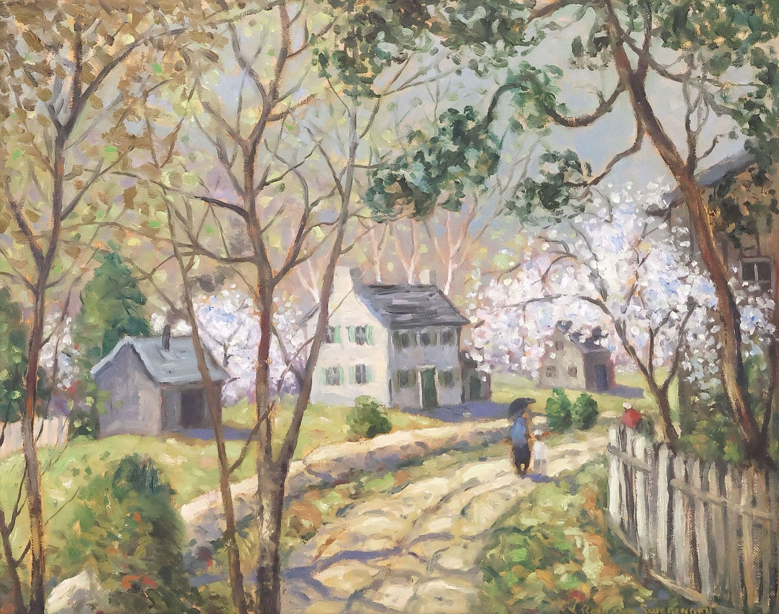 RON VAN SWERINGEN (1936-2016) IMPRESSIONIST STYLE LANDSCAPE PAINTING: Framed oil on canvas-laid panel painting, "New Hope Spring," signed lower right Ron Van Sweringen (Virginia, 1936-2016), titled and additional artist signature verso, sight: approx 15.25"h, 19.25"w,