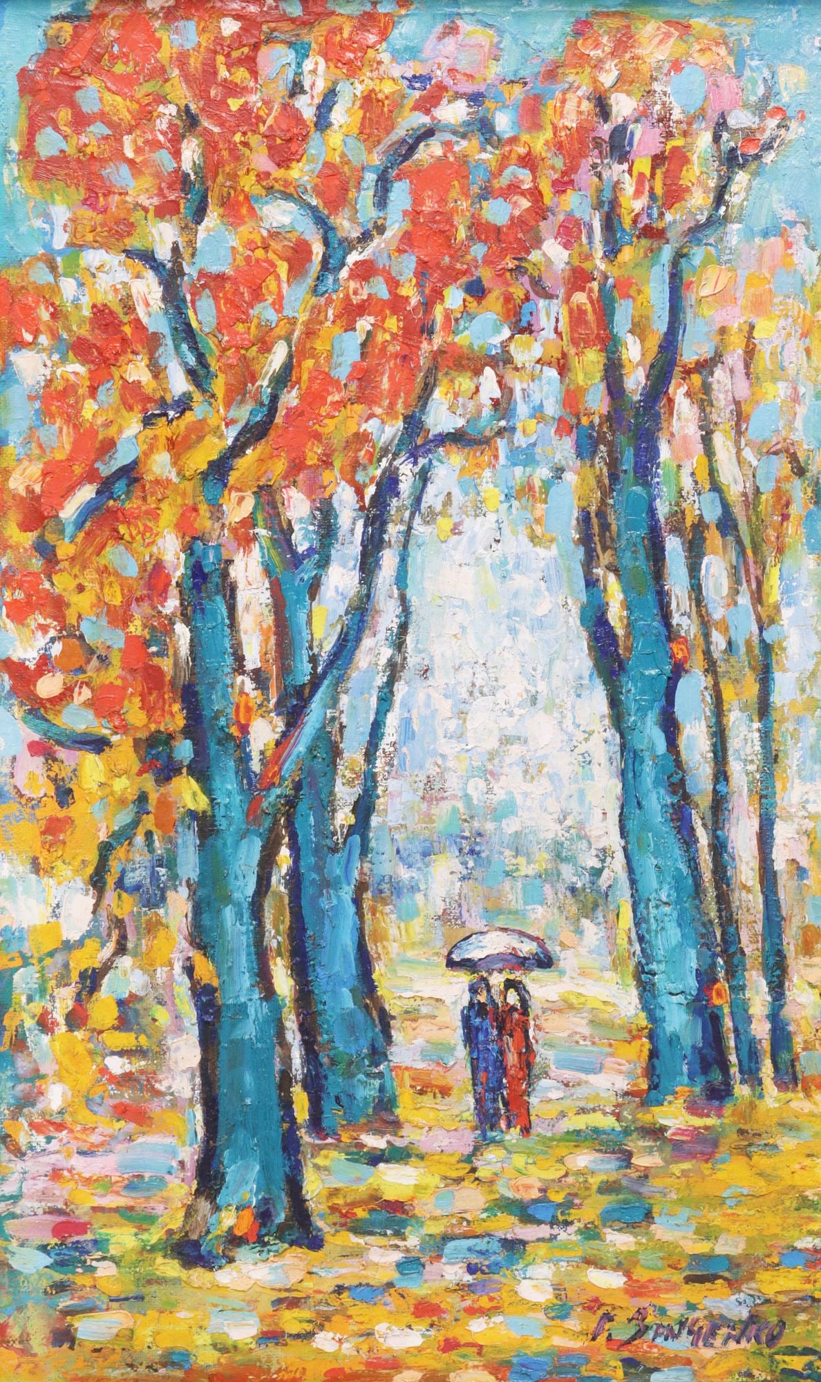 SIGNED IMPASTO OIL ON CANVAS PAINTING, IMPRESSIONIST TREE ORCHARD: Framed oil on canvas painting, Figures in a Grove of Trees, signed lower right P. Bangenko(?), sight: approx 19.25"h, 11.25"w, overall: approx 21"h, 13"w, 2.5lbs