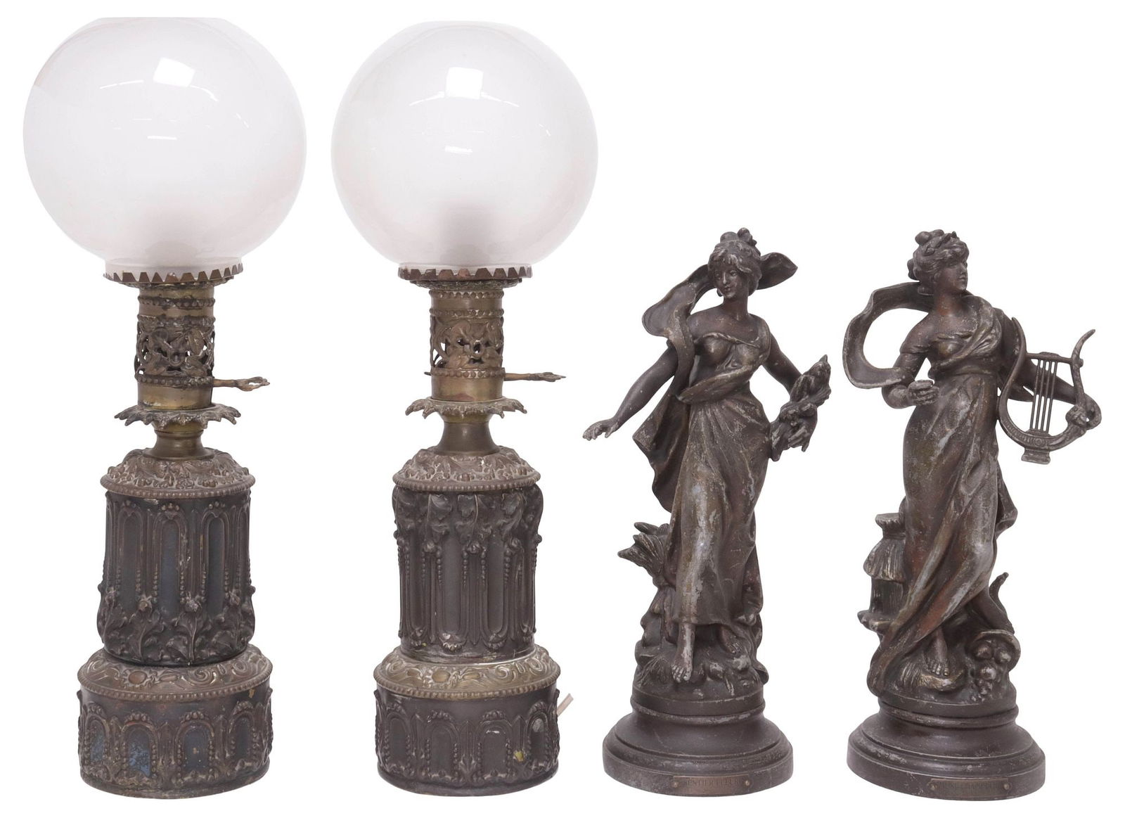 (4) SPELTER FIGURES AFTER LOUIS MOUREAU & METAL 1-LIGHT TABLE LAMPS: (lot of 4) Sculptures and light fixtures, including: (2) spelter figures, signed in cast after Louis Moreau (French, 1855-1919), on stepped plinth with title plaque, comprising (one) "Muse Champetre