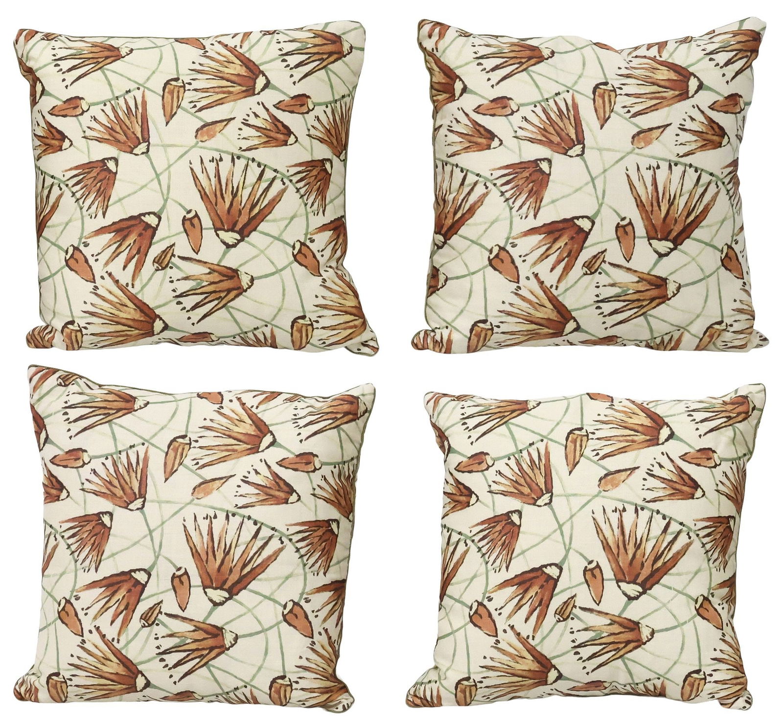 (4) KATIE LEEDE (ATTRIB.) UPHOLSTERED DOWN-FILLED THROW PILLOWS: (lot of 4) Down-filled throw pillows, in a floral upholstery attributed to Katie Leede & Company, in the "Menna" pattern, with contrasting green trim, approx 19"l, 19"w, 7"d, 12.5lbs total
