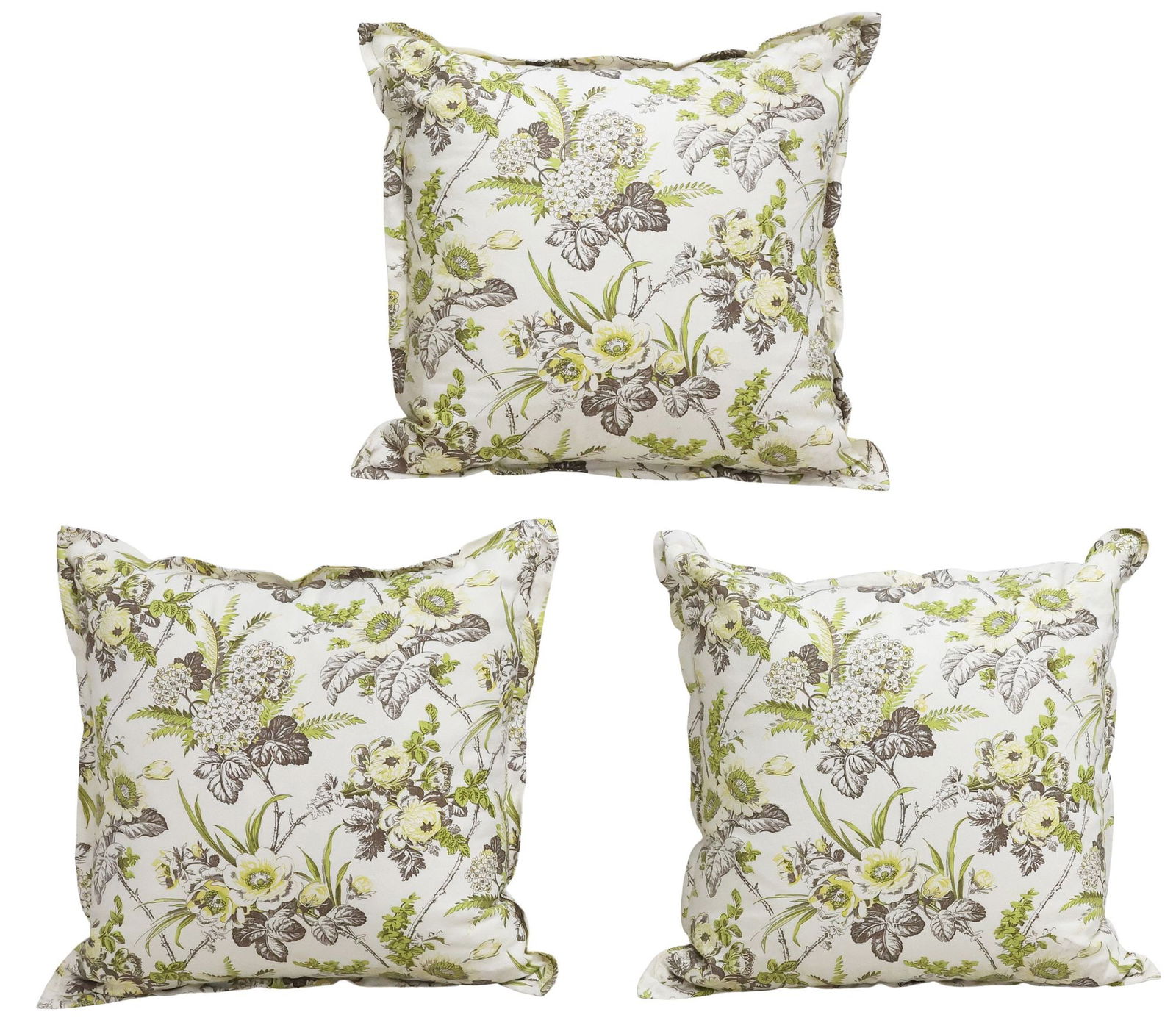 (3) LARGE FLORAL UPHOLSTERED THROW PILLOWS: (lot of 3) Large throw pillows, upholstered in a yellow and green floral patterned fabric, approx 26"l, 26"w, 10"d, 11.25lbs total **Provenance: the Stanley Family's fine Tarrytown Estate** **PLEASE