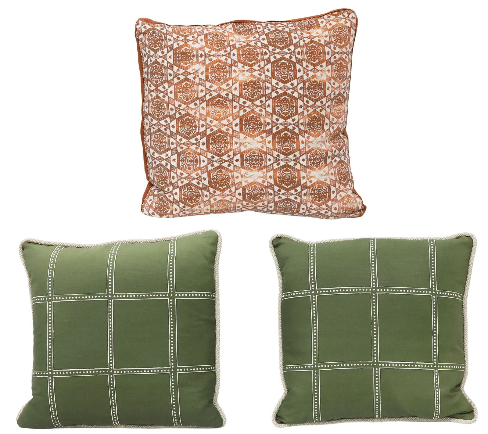 (3) GROUP OF UPHOLSTERED DOWN-FILLED THROW PILLOWS: (lot of 3) Down-filled throw pillows, including: (2) in upholstery attributed to Zak & Fox, in the green "Postage" pattern, with contrasting woven trim, approx 19"l, 18"w, 5.5"d; (1) in upholstery
