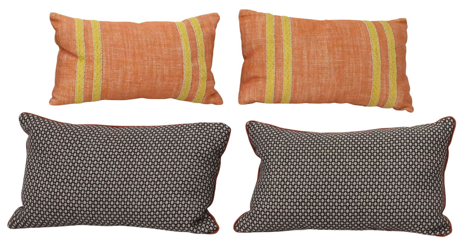 (4) GROUP OF DOWN-FILLED THROW PILLOWS, 2 SETS: (lot of 4) Down-filled throw pillows, including: (2) in an orange linen upholstery, with woven yellow trim, approx 9.5"l, 11"w, 5.5"d; (2) in a patterned gray upholstery, with contrasting red trim,