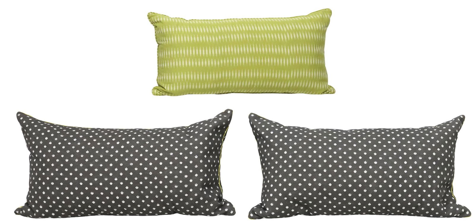 (3) GROUP OF UPHOLSTERED THROW PILLOWS, 2 DOWN-FILLED: (lot of 3) Throw pillows, including: (2) down-filled, in upholstery attributed to Zak & Fox, in the "Frog's Feet" pattern, with contrasting green trim, approx 35"l, 19"w,