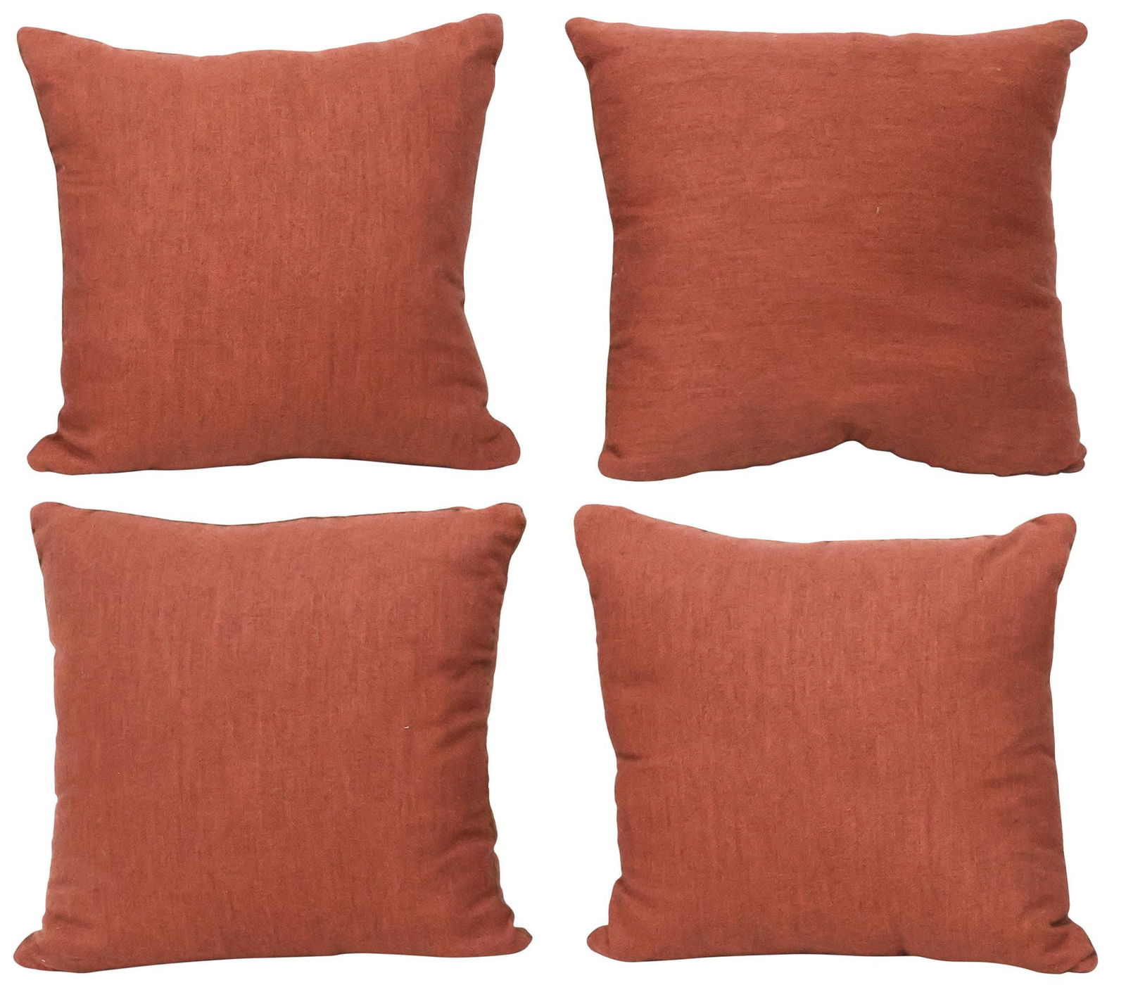 (4) UPHOLSTERED DOWN-FILLED RED THROW PILLOWS: (lot of 4) Down-filled throw pillows, upholstered in a red woven fabric, with contrasting brown trim, approx 19"l, 18"w, 8"d; 14lbs total **Provenance: the Stanley Family's fine Tarrytown Estate**
