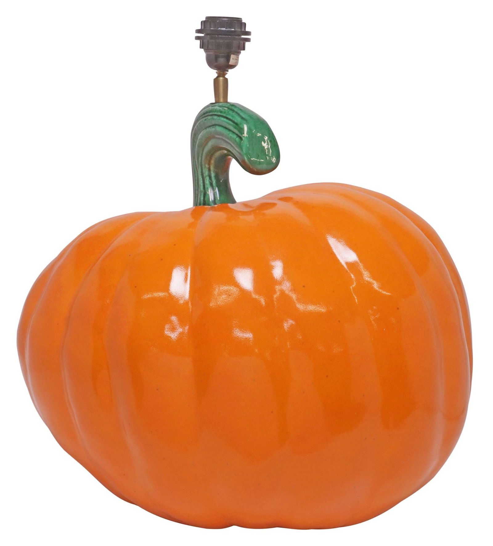 LARGE NOVELTY CERAMIC PUMPKIN 1-LIGHT TABLE LAMP, 20"H: Large glazed ceramic single-light table lamp, 20th c., in the form of a pumpkin, need of wiring, approx 20"h, 19"w, 15.5"d, 13.25lbs **Note: one of a pair offered in this auction**