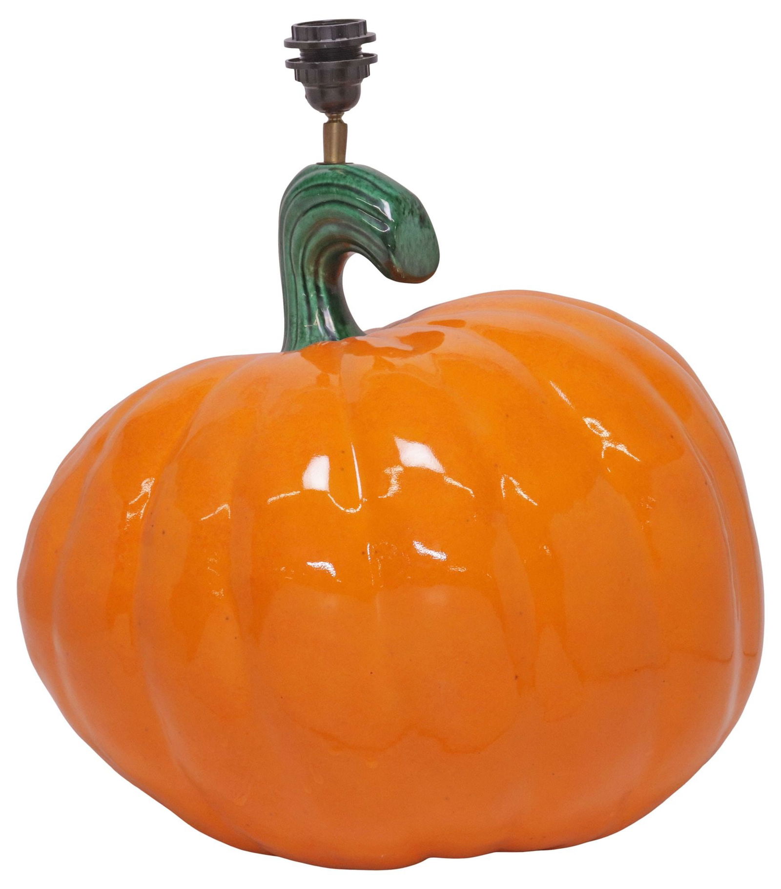 LARGE NOVELTY CERAMIC PUMPKIN 1-LIGHT TABLE LAMP, 20"H: Large glazed ceramic single-light table lamp, 20th c., in the form of a pumpkin, in need of wiring, approx 20"h, 19"w, 15.5"d, 13.25lbs **Note: one of a pair offered in this auction**