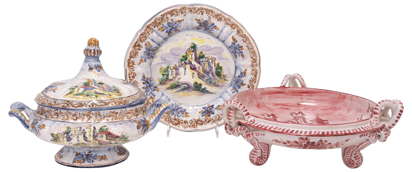 (3) ITALIAN ALBISOLA MAJOLICA CENTERPIECE & GIUSEPPE BARILE TUREEN W/ UNDERPLATE: (lot of 3) Italian majolica table items, Albisola, including: (1) red and white footed centerpiece, with central landscape scenes with towers, makers mark underfoot, approx 4.5"h, 11"w, 11"d, (2)