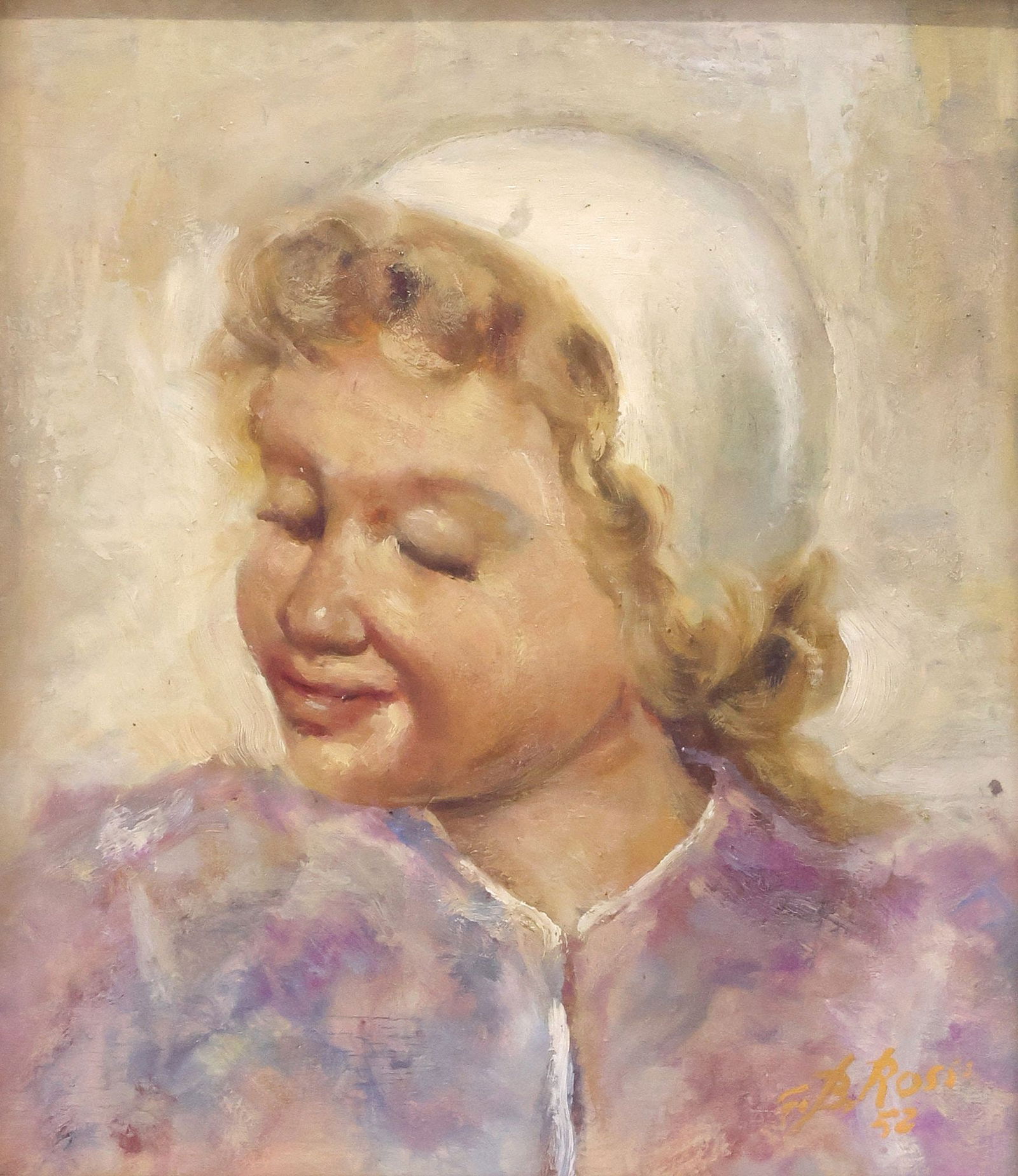 SIGNED ROSSI ITALIAN SCHOOL OIL PAINTING, PORTRAIT OF A YOUNG GIRL: Framed oil on board painting, Portrait of a Young Girl, signed lower right G.B. Rossi (Italian, 20th c.), dated [19]52, sight: approx 12.75"h, 10.75"w, overall: approx 21.75"h, 20"w, 6.25lbs