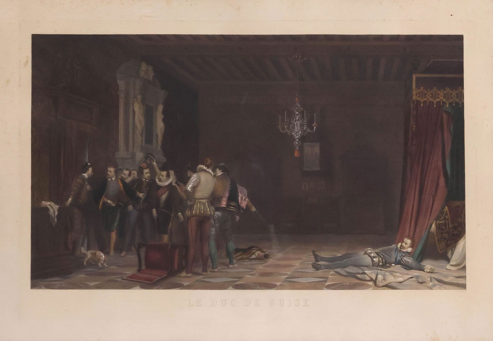 AFTER PAUL DELAROCHE (D.1856) ENGRAVING, 'ASSASSINATION OF THE DUKE OF GUISE': Framed hand-tinted engraving on paper, "Le Duc de Guise," after Hippolyte-Paul Delaroche (French, 1797-1856), engraved by Mathieu Theophile Victor Desclaux (French, 1808-1884), published by Publie par