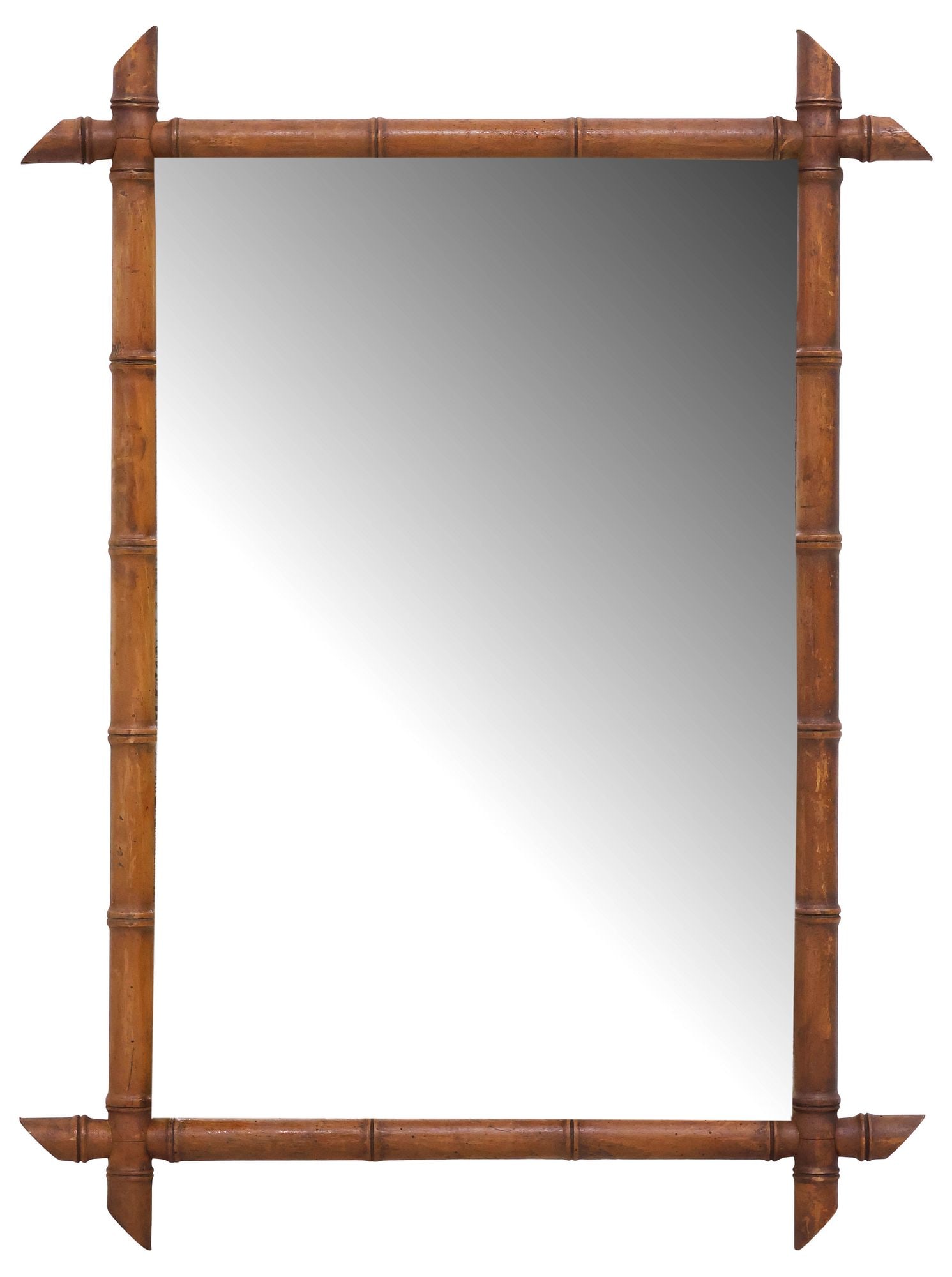 FRENCH FAUX BAMBOO TURNED WOOD WALL MIRROR, 35.5" X 26": French faux bamboo mirror, early 20th c., having turned wood frame, encasing flat mirror plate, scattered silver loss throughout, approx 35.5"h, 26"w, 16.75lbs