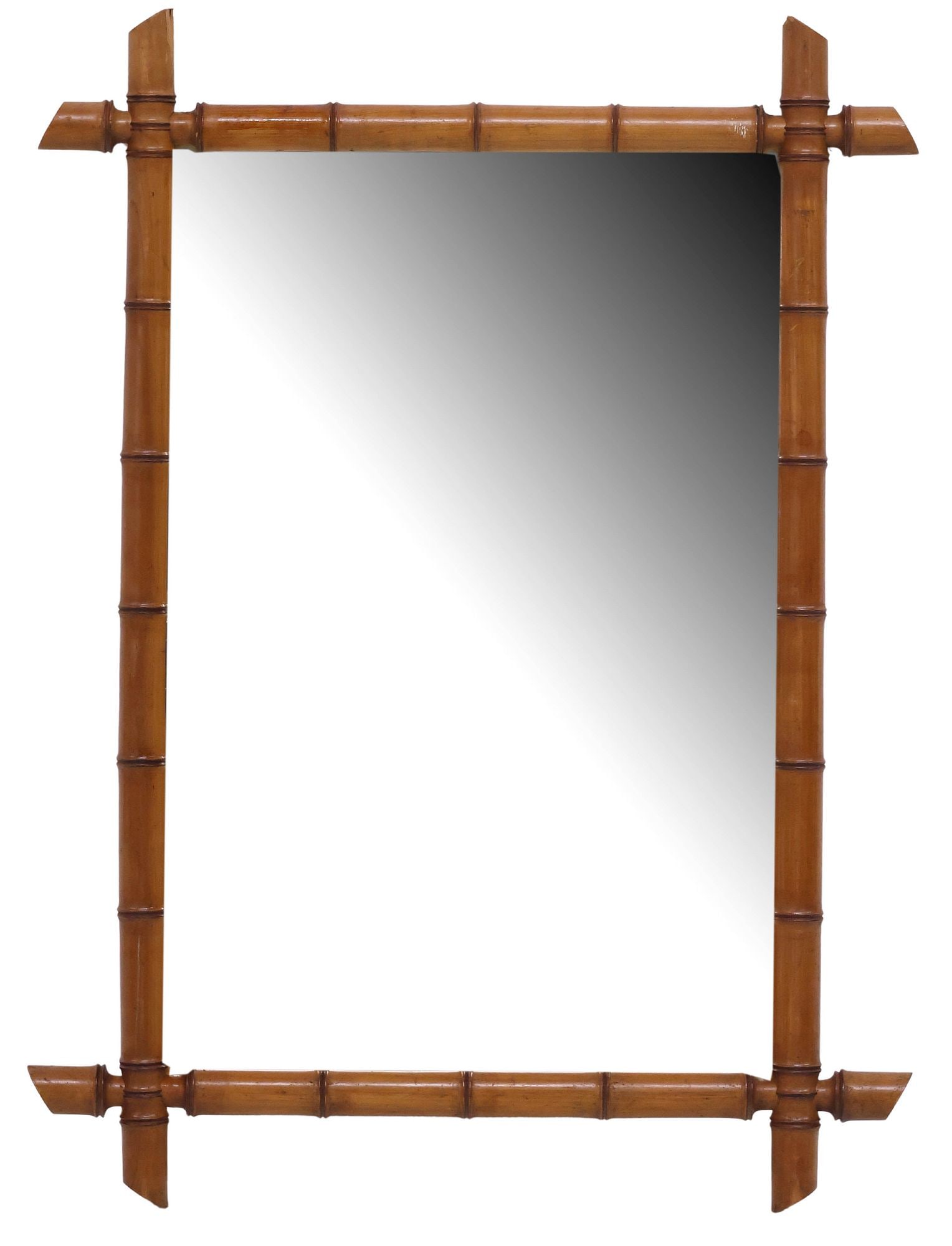 FRENCH TURNED WOOD FAUX BAMBOO MIRROR, 36" X 26.5": French faux bamboo mirror, early 20th c., having turned wood frame, encasing flat mirror plate, with some minor silver losses, approx 36"h, 26.5"w, 21lbs