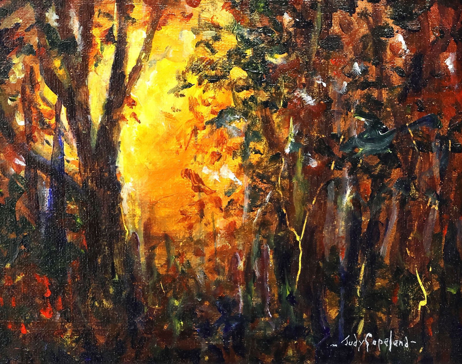 JUDY COPELAND (B.1943) ACRYLIC PAINTING, 'SUNSET': Framed acrylic on canvas painting, "Sunset," signed lower right Judy Copeland (Louisiana, Texas, b.1943), titled on artist's label verso, sight: approx 7 5/8"h, 9.5"w, overall: approx 10.75"h, 12.75"w