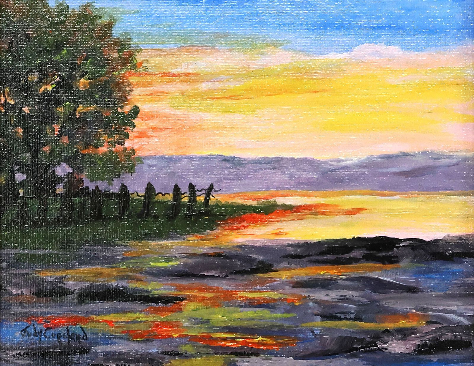 JUDY COPELAND (B.1943) ACRYLIC PAINTING, 'MORNING LIGHT': Framed acrylic on canvas painting, "Morning Light," signed lower left Judy Copeland (Louisiana, Texas, b.1943), titled on artist's label verso, sight: approx 7.5"h, 9.5"w, overall: approx 12.5"h, 14.5